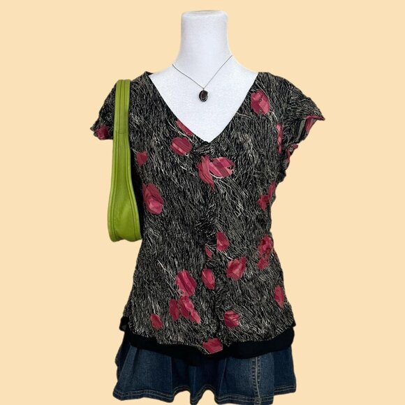 y2k silk floral girly whimsygoth grunge ruffle blouse top - Picture 1 of 7
